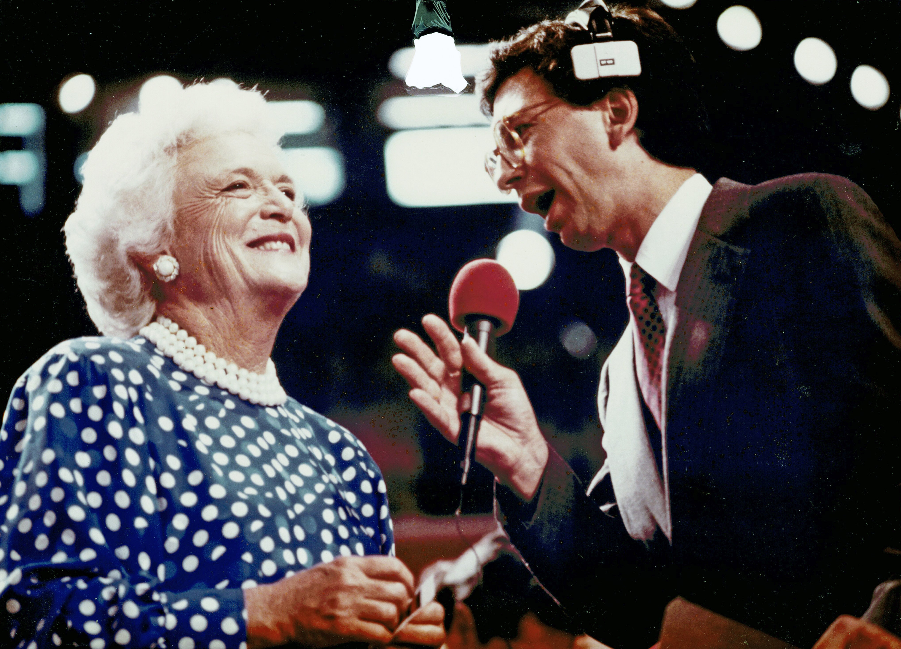 Sesno interviews Barbara Bush for CNN at the 1988 Republican National Convention in New Orleans. George H.W. Bush, won the nomination after having serving two terms as Ronald Reagan&#039;s vice president.